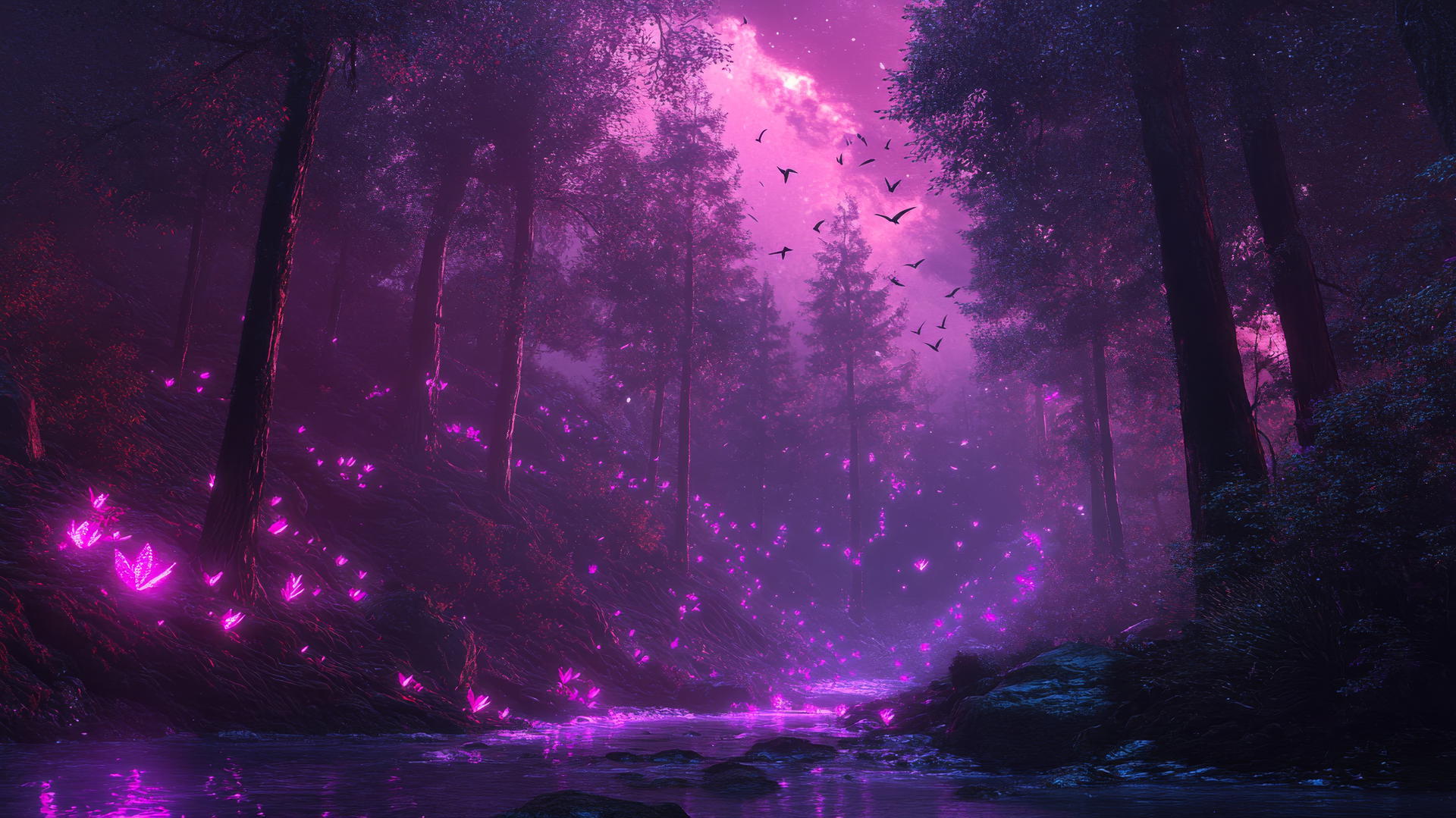 Neon purple aesthetic wallpaper with glowing trees and bioluminescent creatures