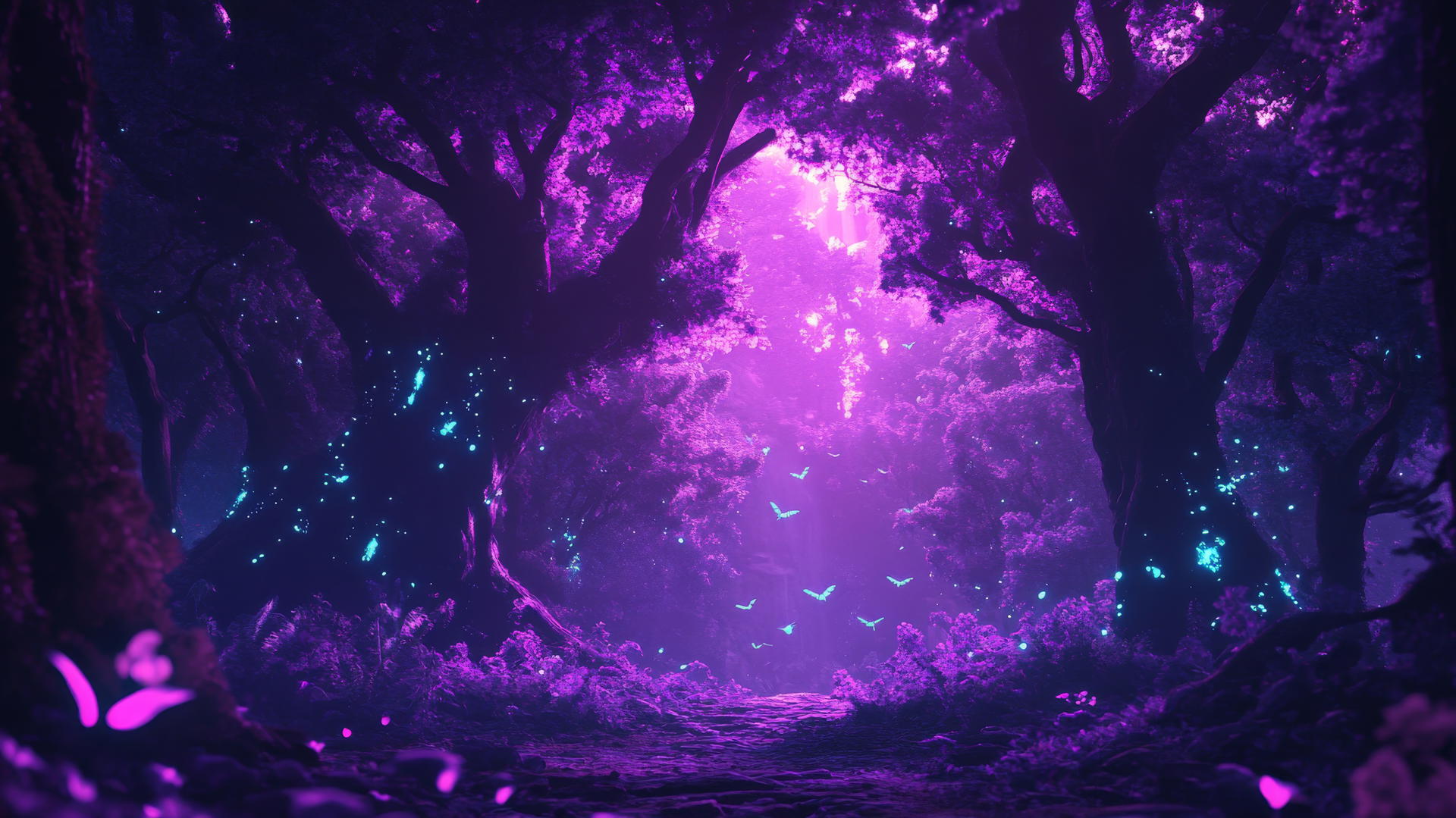 neon purple forest with glowing trees and bioluminescent creatures