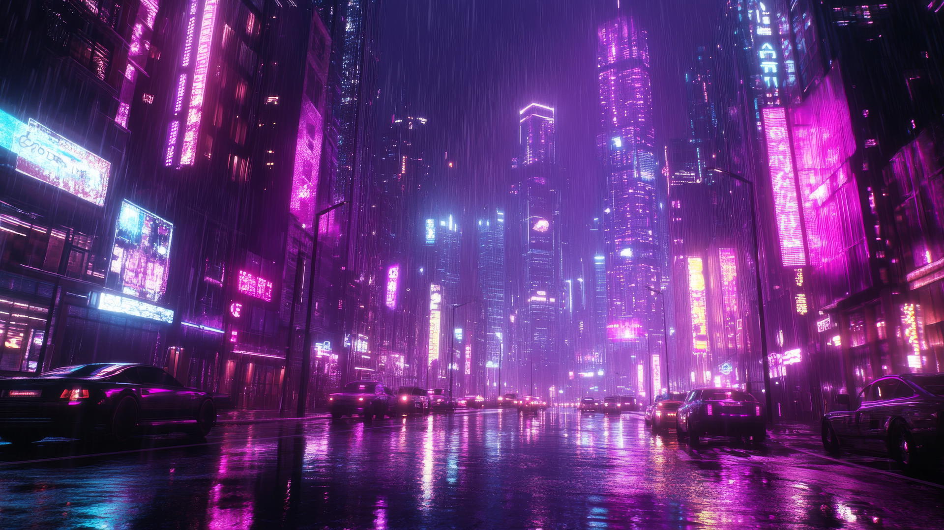 futuristic cityscape at night with neon purple skyscrapers, glowing signs, and wet street reflections