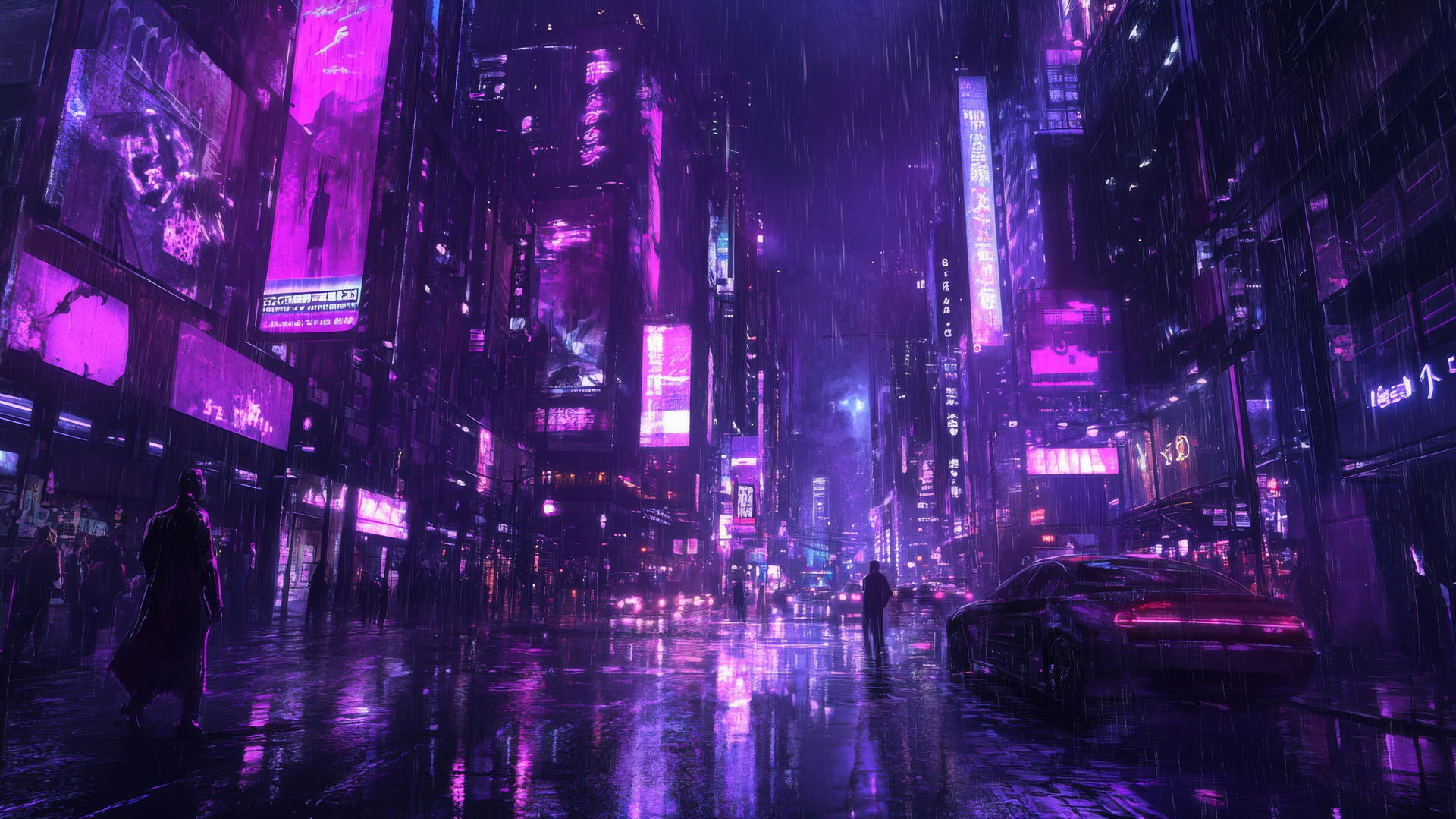 cyberpunk cityscape bathed in dark purple neon light
