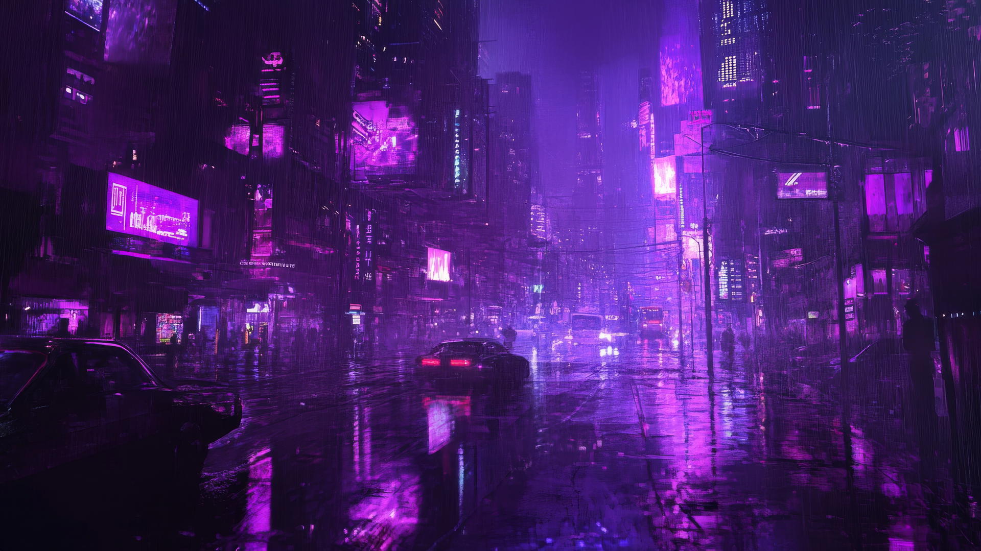 dark purple wallpaper with a cyberpunk cityscape, neon lights, and reflections