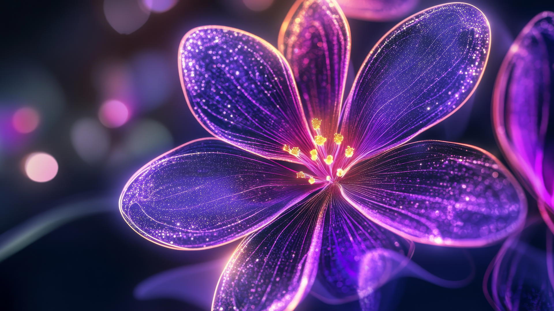 purple flower wallpaper with glowing neon petals on a dark background with sparkles