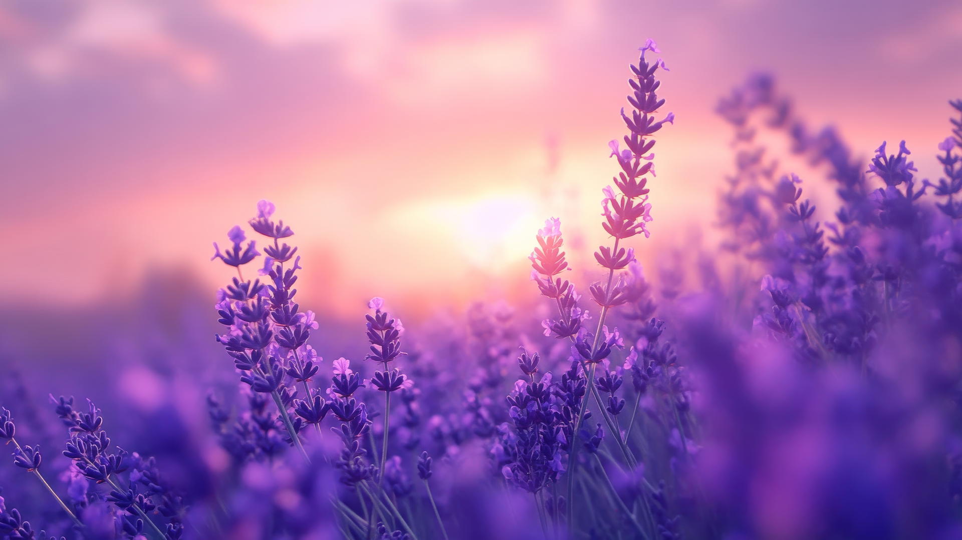Purple flower wallpaper with wild lavender field and hazy purple sunset