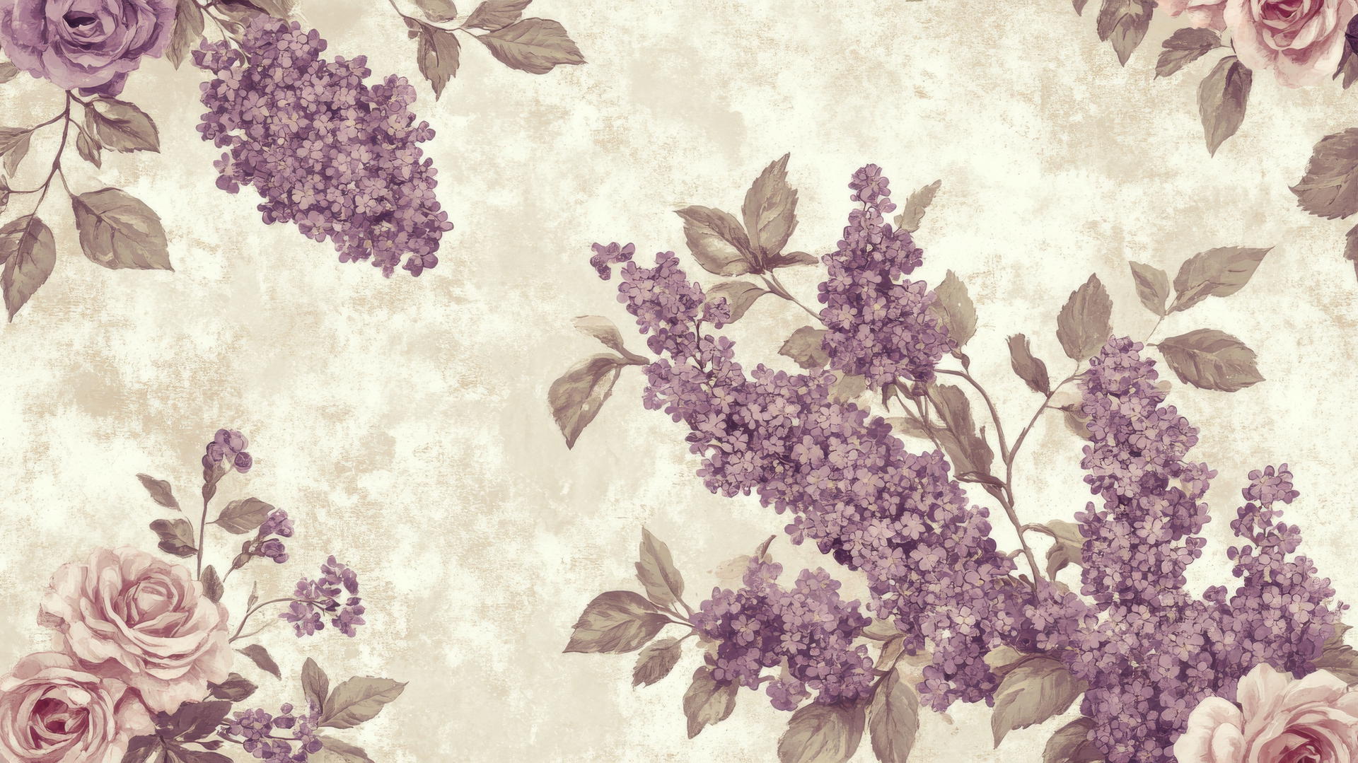 A vintage floral wallpaper with delicate purple lilacs and roses on faded beige