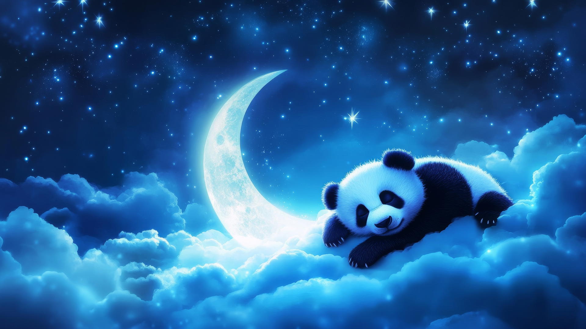 cute panda wallpaper 4k with sleepy panda on crescent moon with stars and pastel clouds