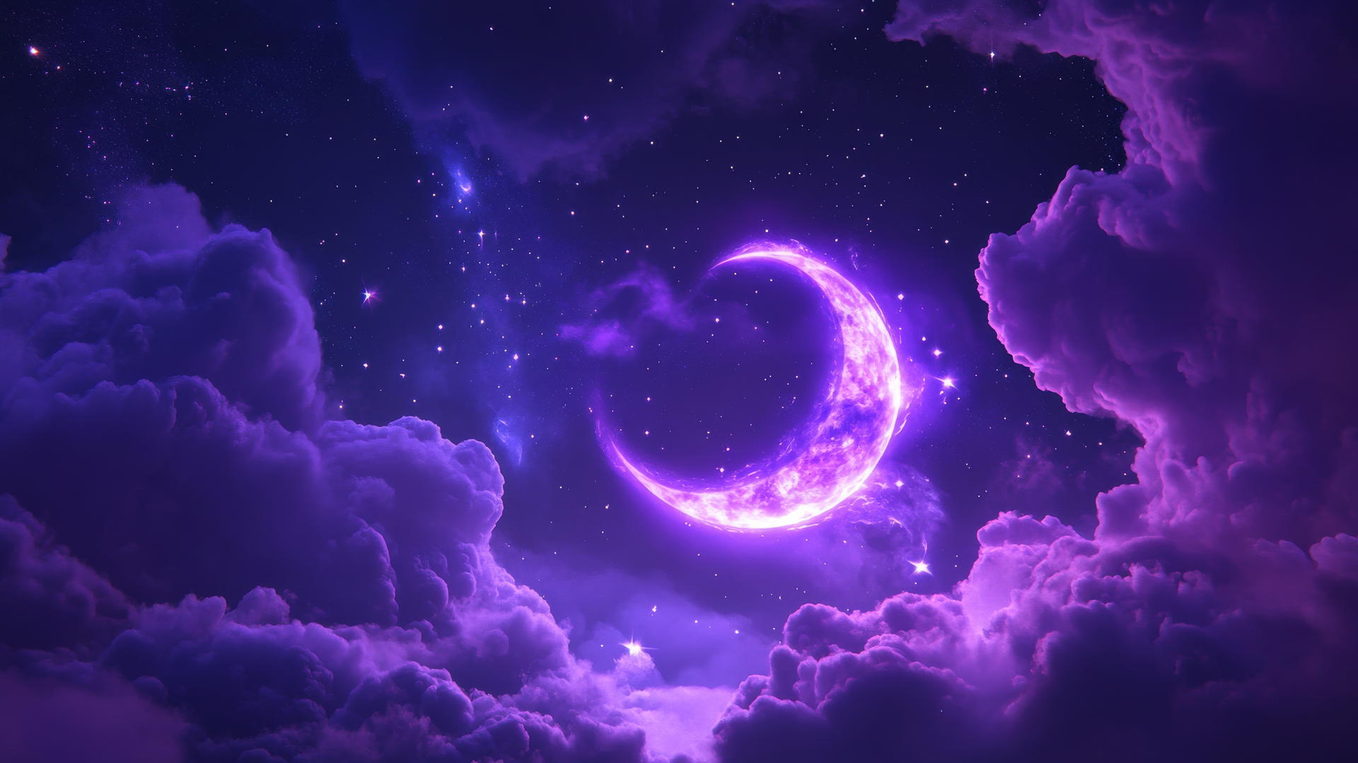 neon purple aesthetic wallpaper with a glowing crescent moon, stars, and abstract light trails