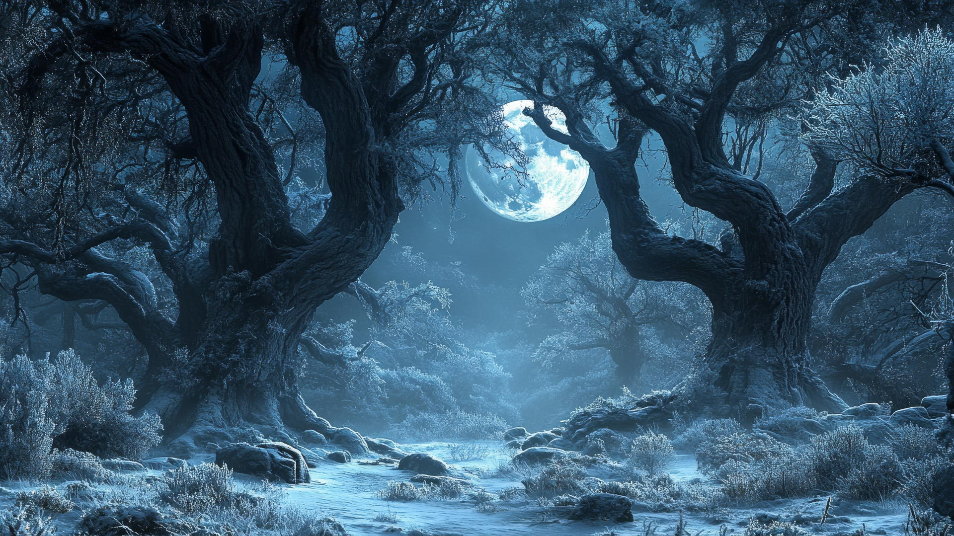 winter background wallpaper with ancient frosted trees glowing under a full moon
