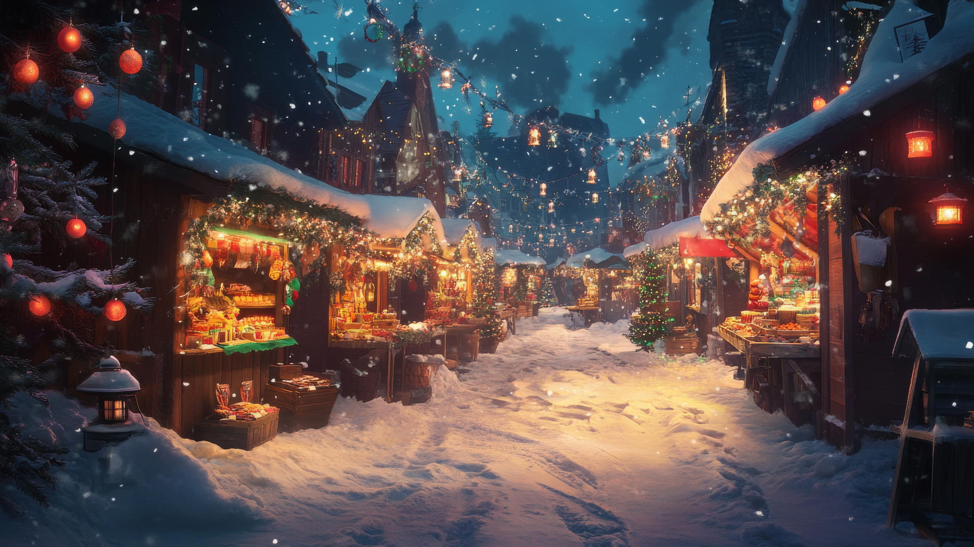 winter background wallpaper with snow-covered village market, stalls, lanterns
