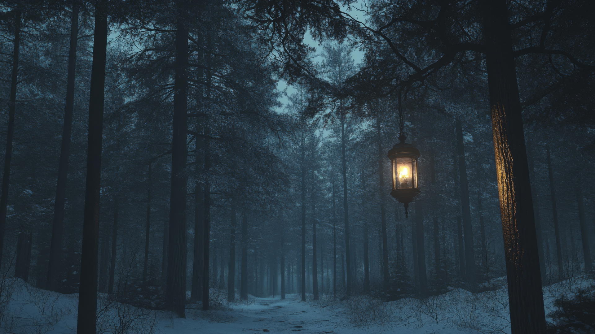 Moody winter forest with deep shadows and a glowing lantern, winter aesthetic wallpaper