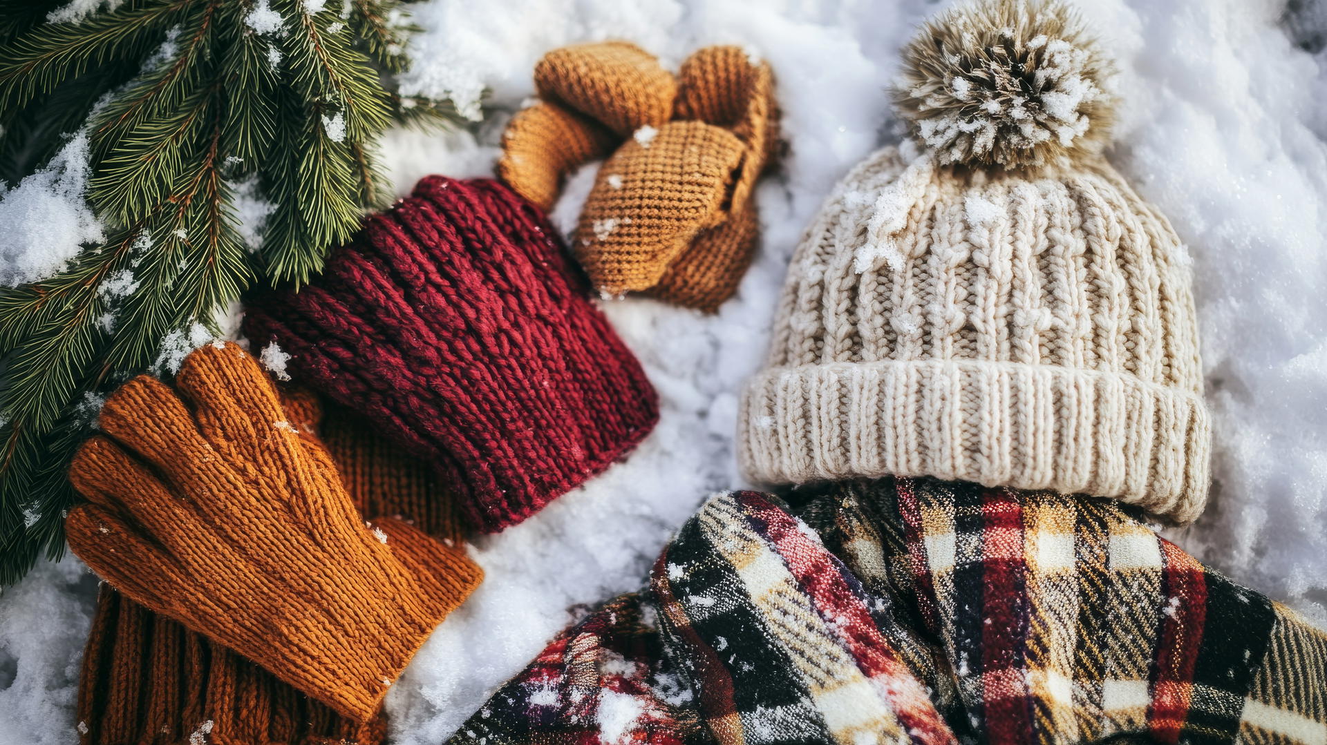 winter aesthetic wallpaper featuring warm winter fashion essentials against a snowy backdrop