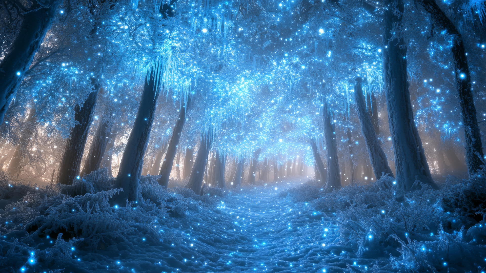aesthetic winter wallpaper with icy blue and silver tones, crystal-clear icicle forest, glowing blue lights