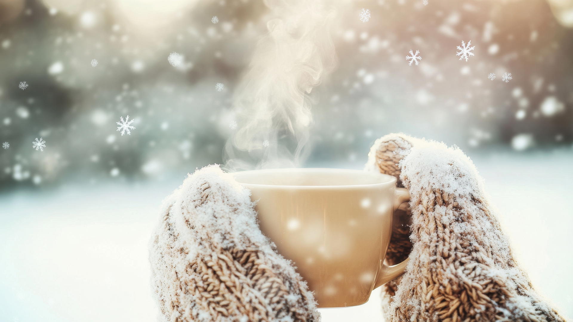 cozy winter iPhone wallpaper with woolen mittens holding a steaming cup of tea and soft snowflakes