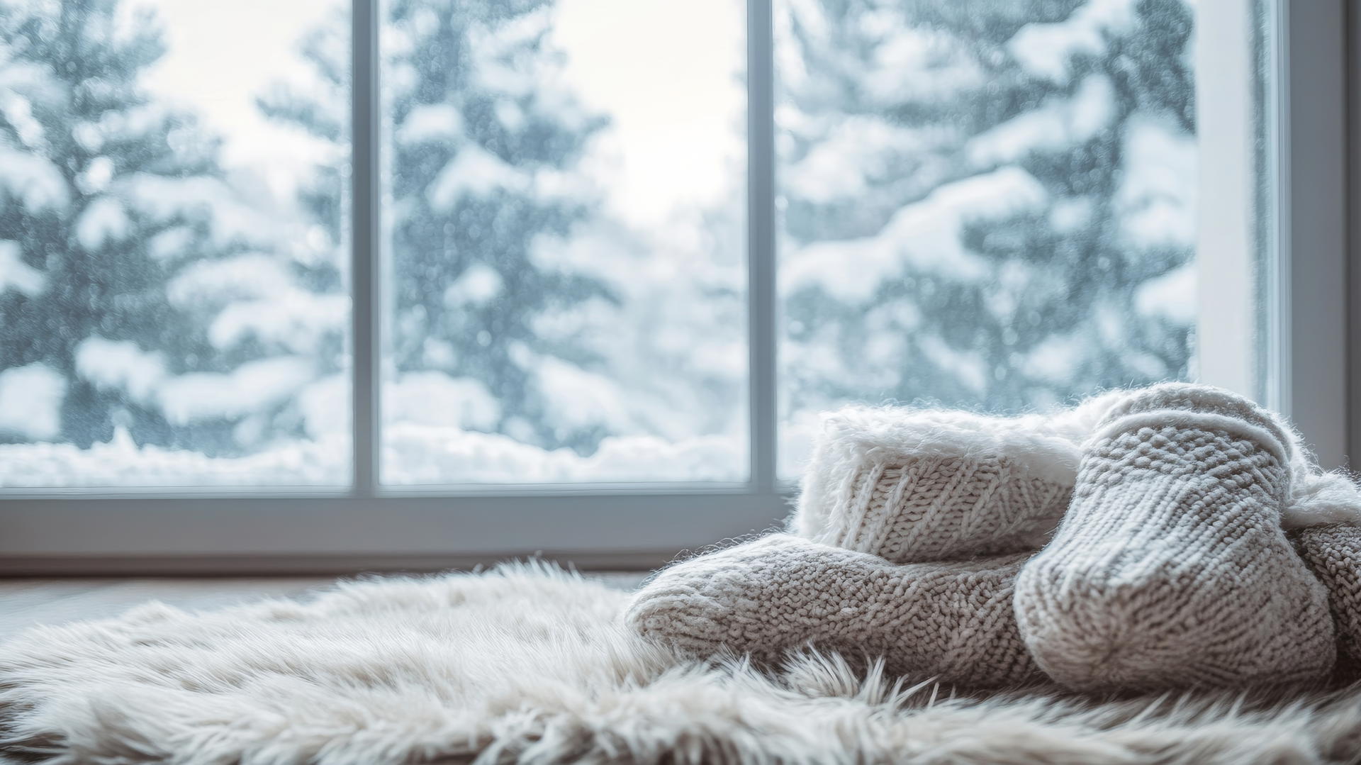 cozy winter iPhone wallpaper with a soft rug, bay window, and snowy pine trees