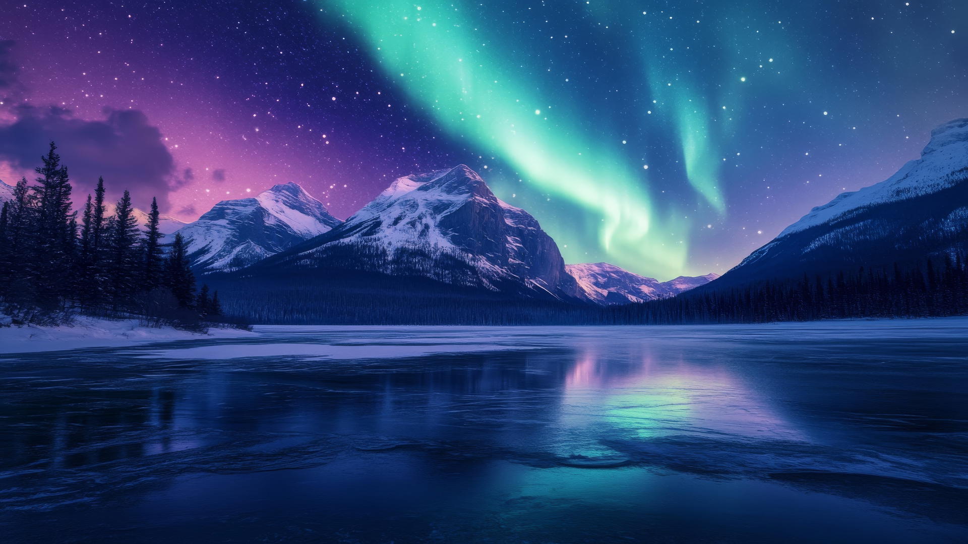 Beautiful winter wallpaper of a frozen lake with snow-capped mountains and aurora borealis.