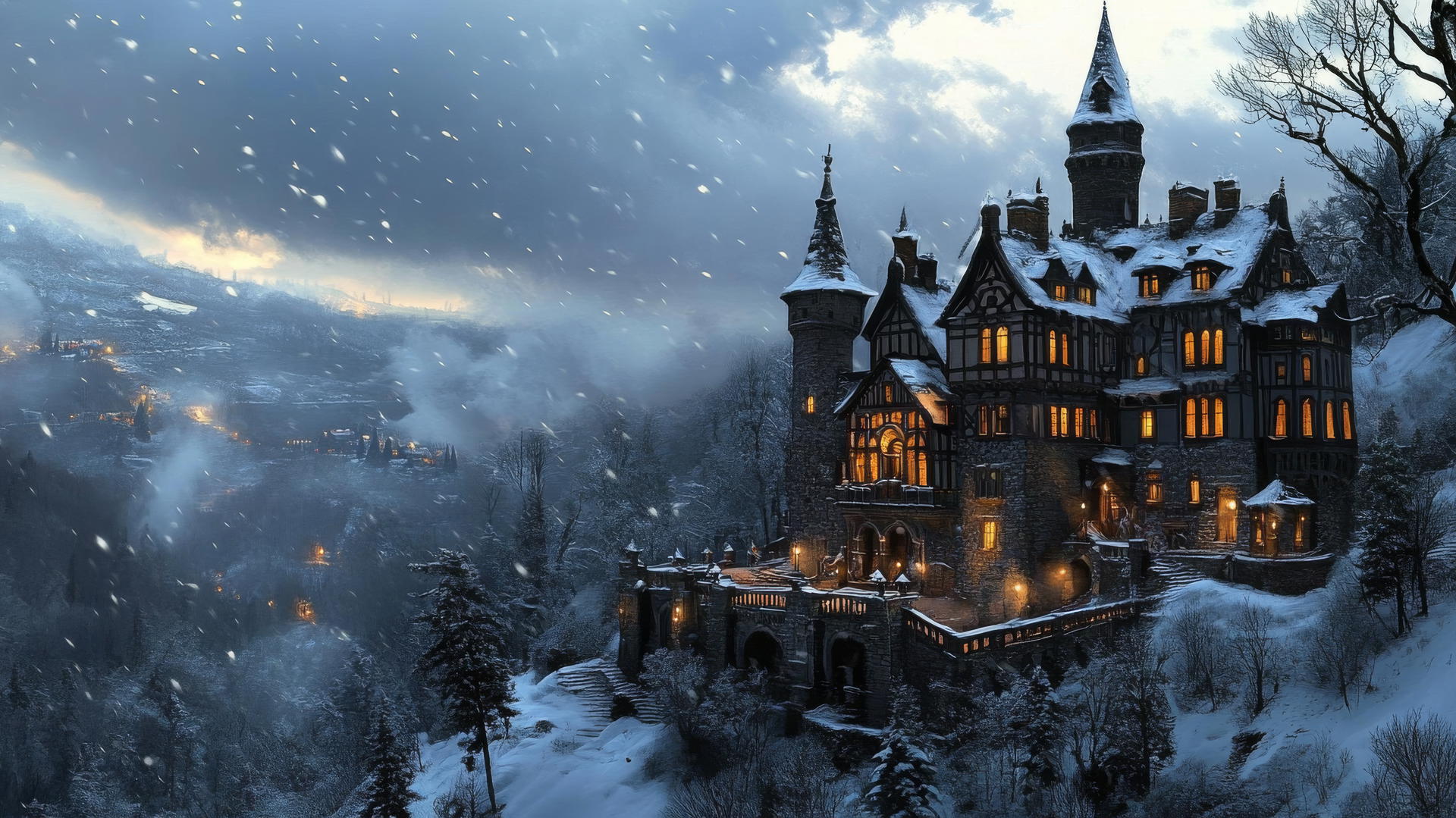 beautiful winter wallpaper of a grand European-style castle in a snowy landscape with glowing windows and falling snowflakes.