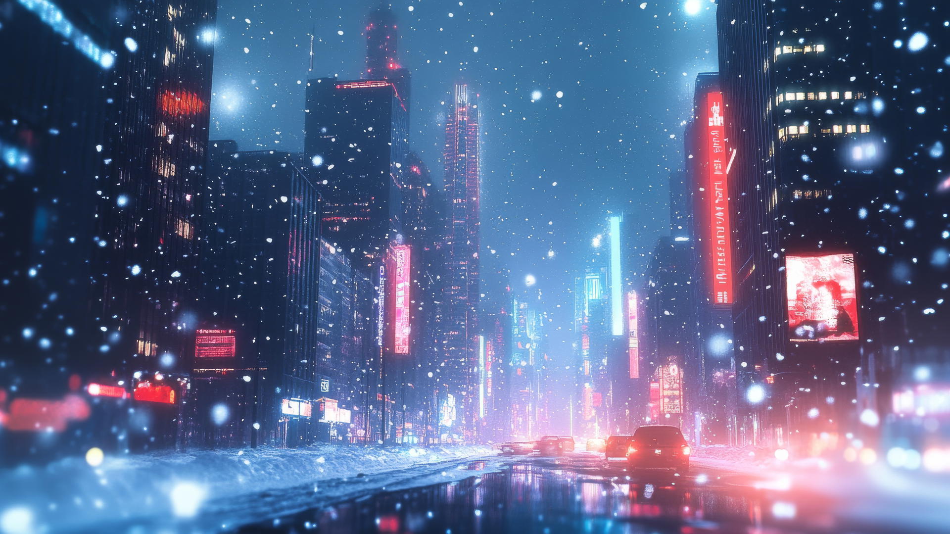 Futuristic winter cityscape with snowy skyscrapers, neon lights, icy streets, starry sky; winter background wallpaper