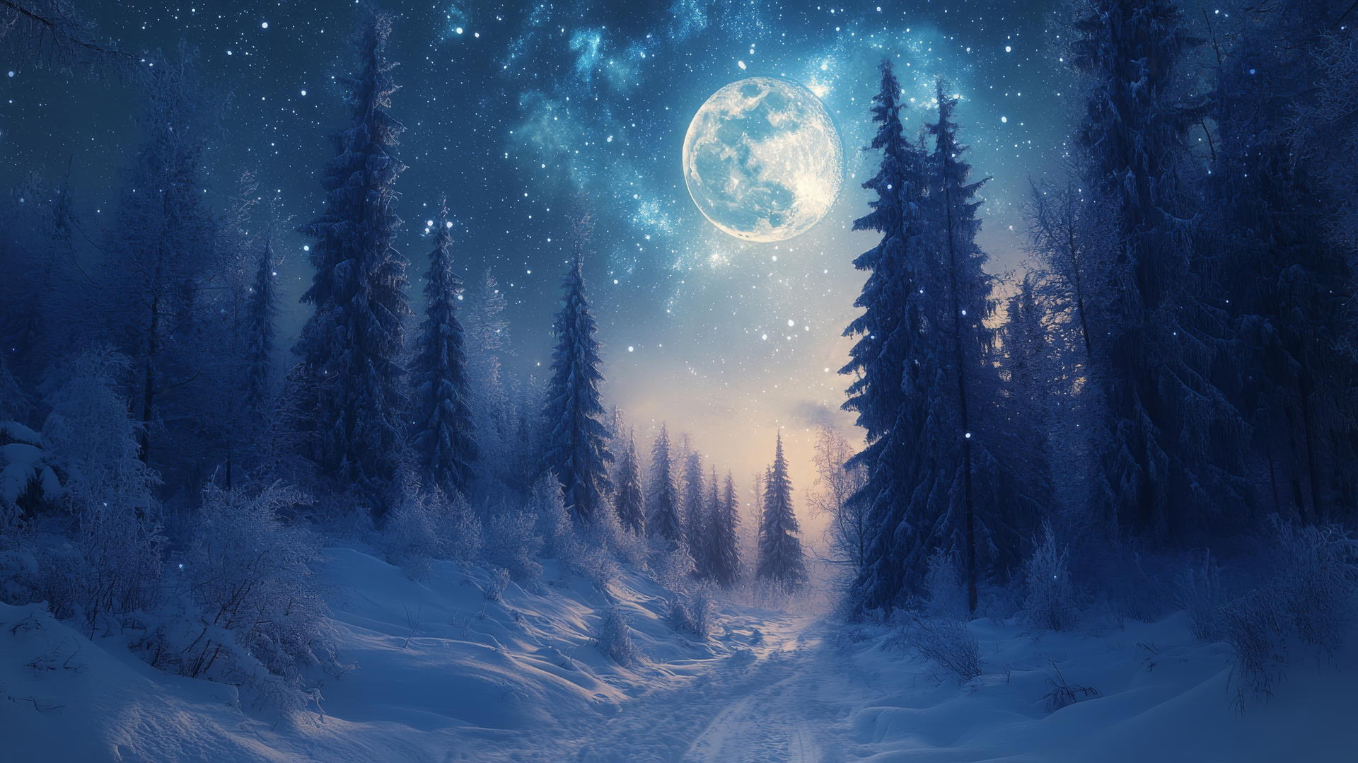 beautiful winter wallpaper with moonlit snowy pines and star-filled sky