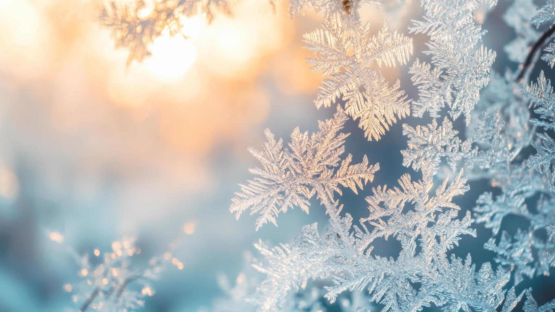 Close-up of frost patterns on a window with intricate ice crystals illuminated by soft morning light, winter wallpaper aesthetic.