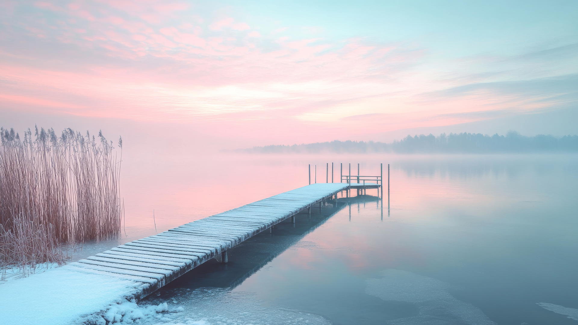 winter wallpaper aesthetic with a serene lake, wooden pier, frosty reeds, pastel sky