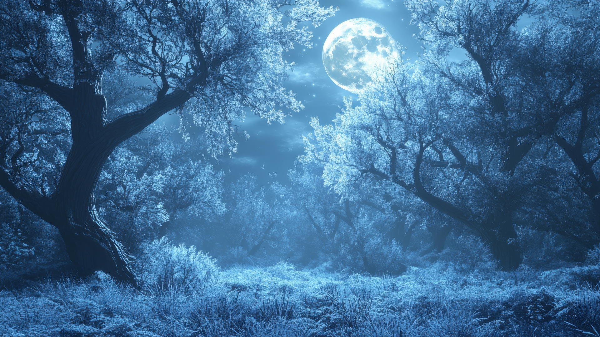 Winter background wallpaper of a mystical forest with frosted trees and a glowing full moon.