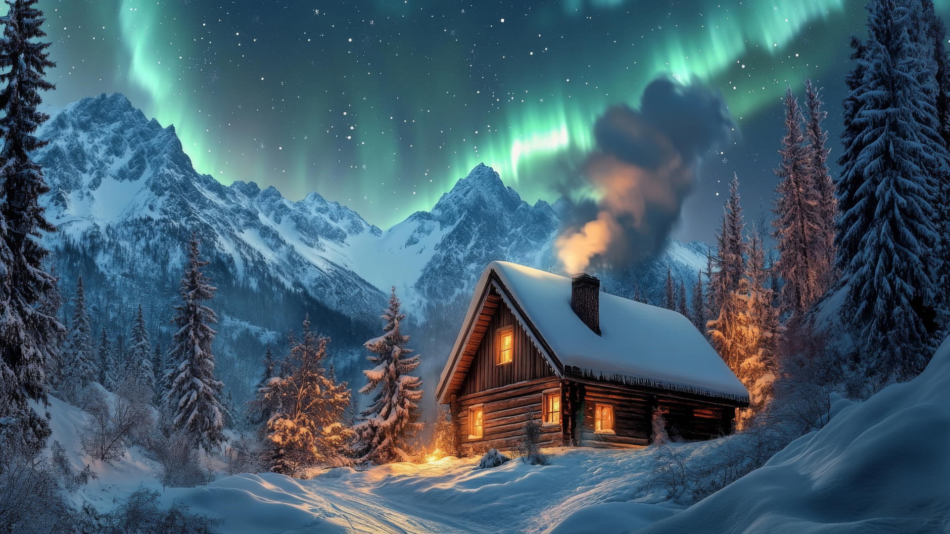 winter background wallpaper with a snow-covered mountain cabin, smoke from the chimney, pine trees, and northern lights