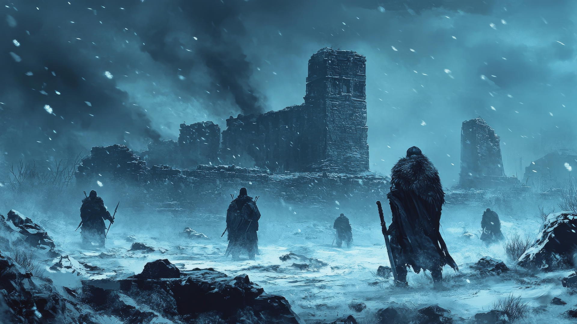 Winter background wallpaper, dramatic battlefield, ancient ruins, snowstorm, warriors in fur