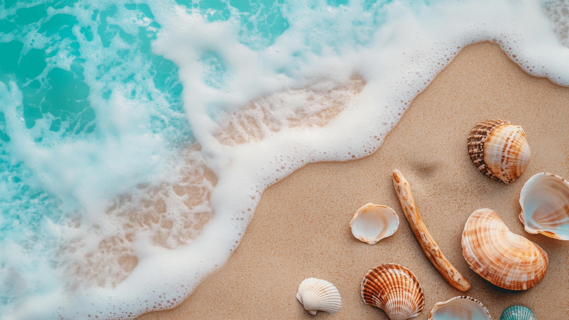 Sun-drenched beach with golden sand, soft blue waters, seashells, and driftwood. Beach aesthetic wallpaper.