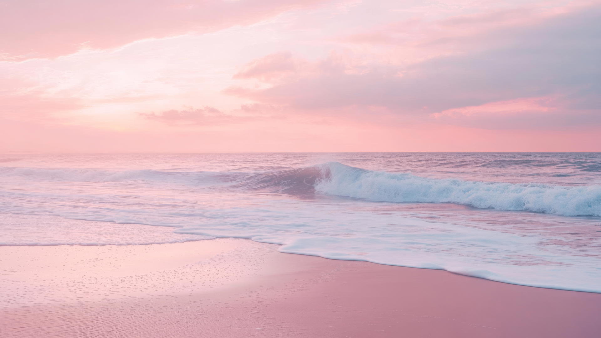 pastel-toned beach with pink skies and lavender waves, beach wallpaper aesthetic