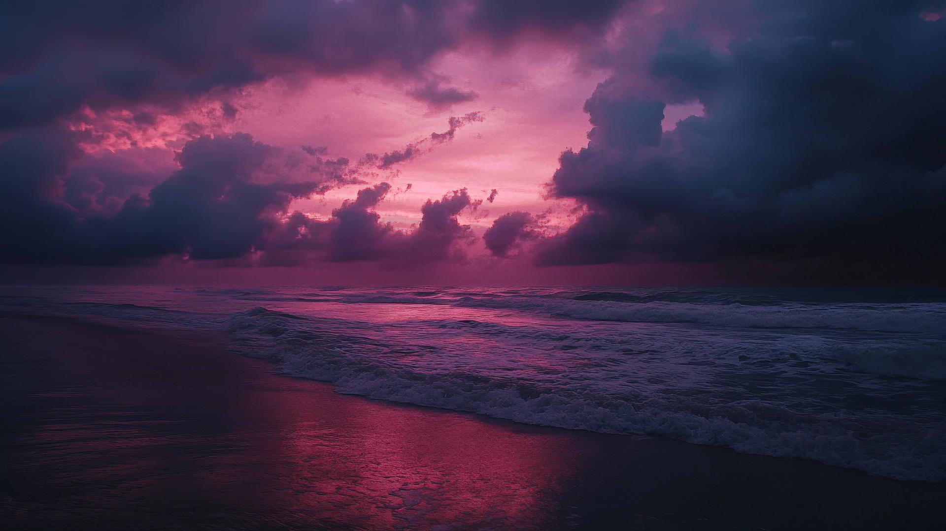 beach aesthetic wallpaper at twilight with dark clouds, pink and purple sky, gentle waves