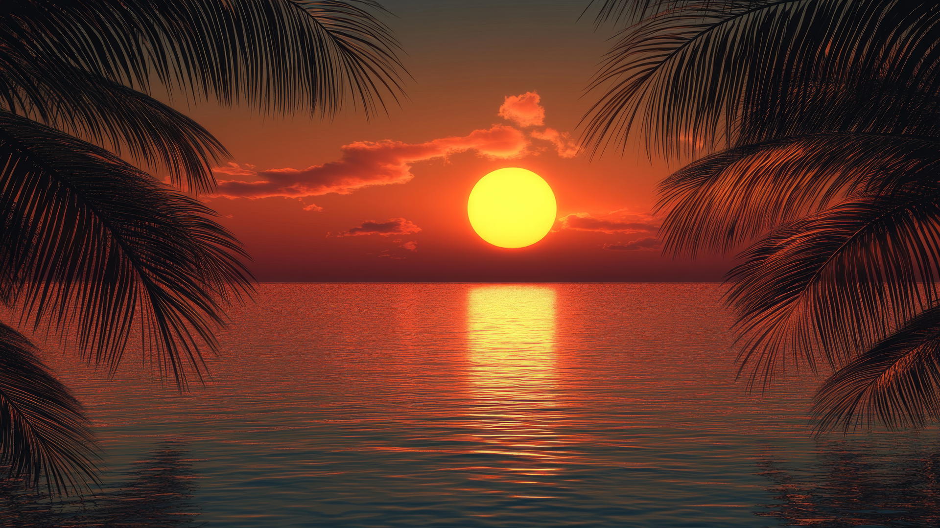 beach sunset wallpaper with silhouetted palm trees framing a glowing orange sun
