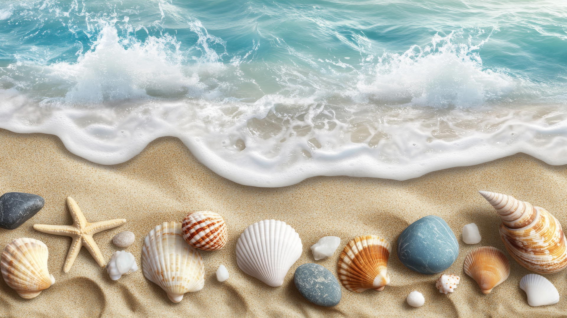 Beach-themed wallpaper with seashells, starfish, stones, and soft waves