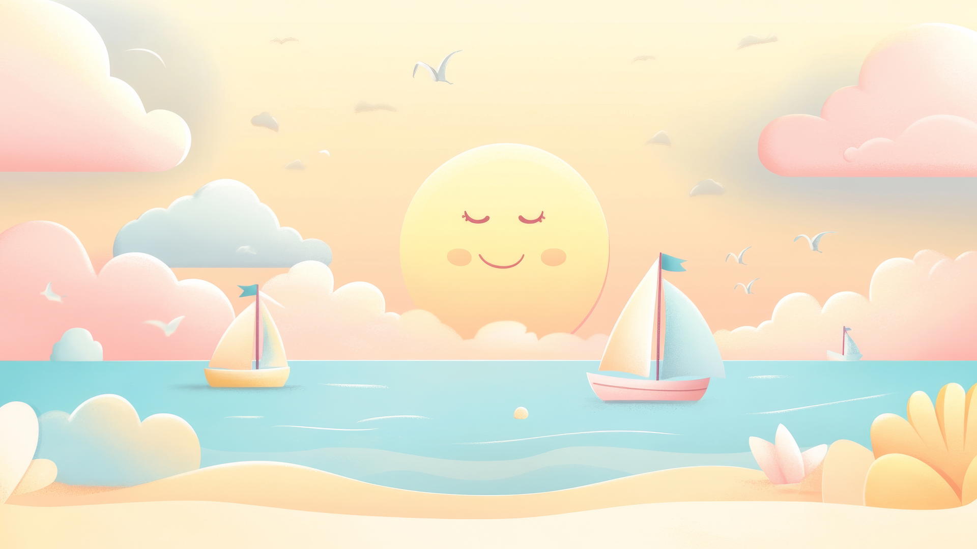 Cute beach wallpaper with fluffy clouds, tiny sailboats, and a smiling sun.