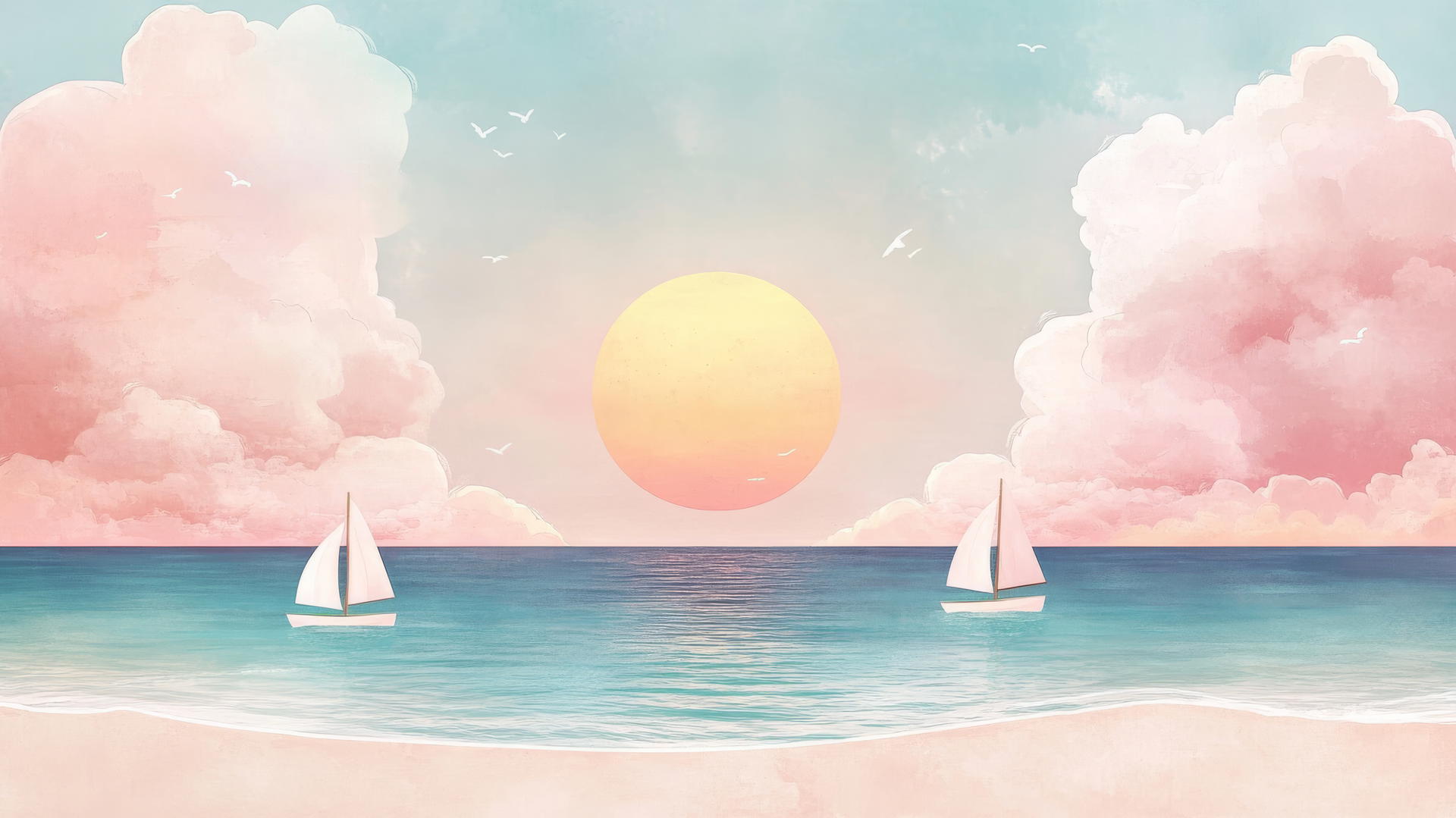 Cute beach wallpaper with pastel colors, fluffy clouds, tiny sailboats, and a smiling sun.