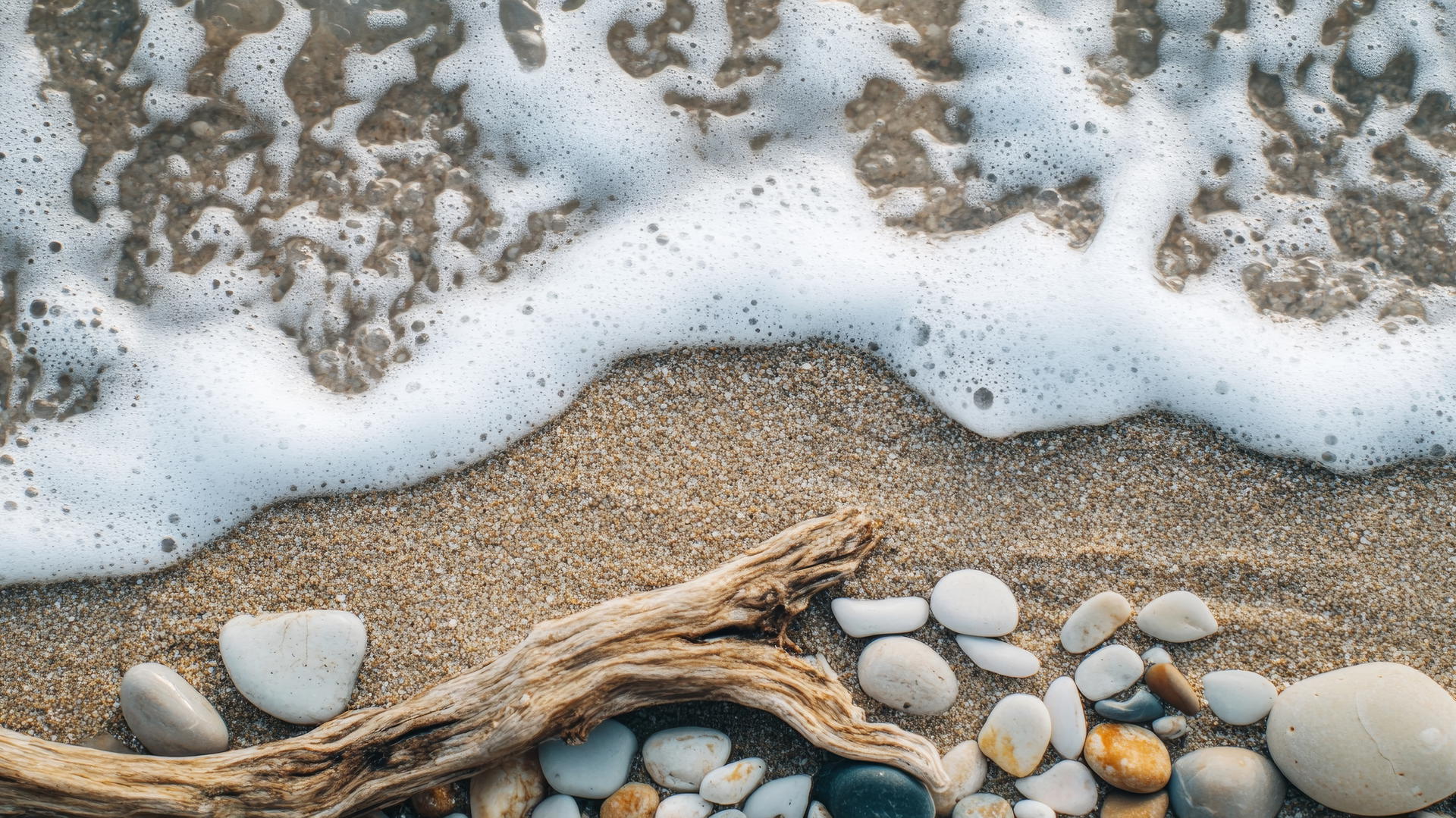Boho beach aesthetic with driftwood, stones, and seafoam