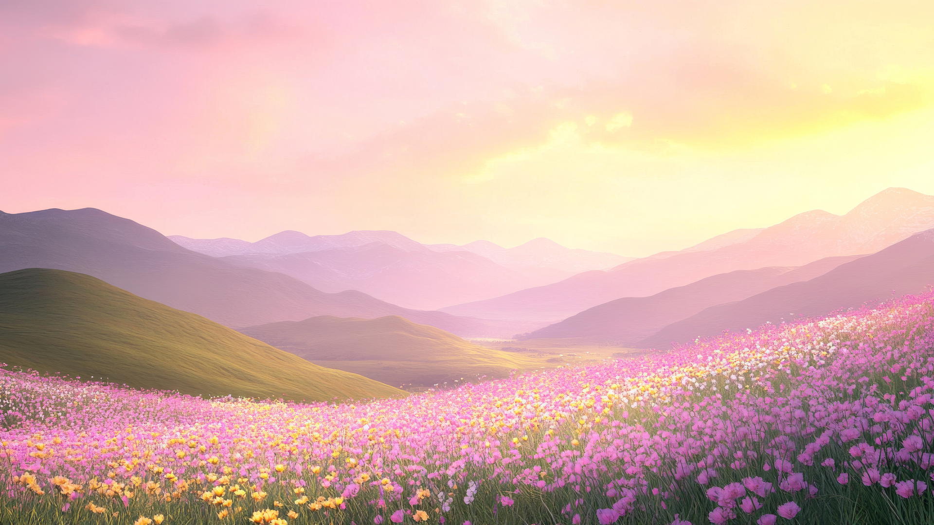 spring wallpaper with rolling hills and wildflowers under a pastel sky