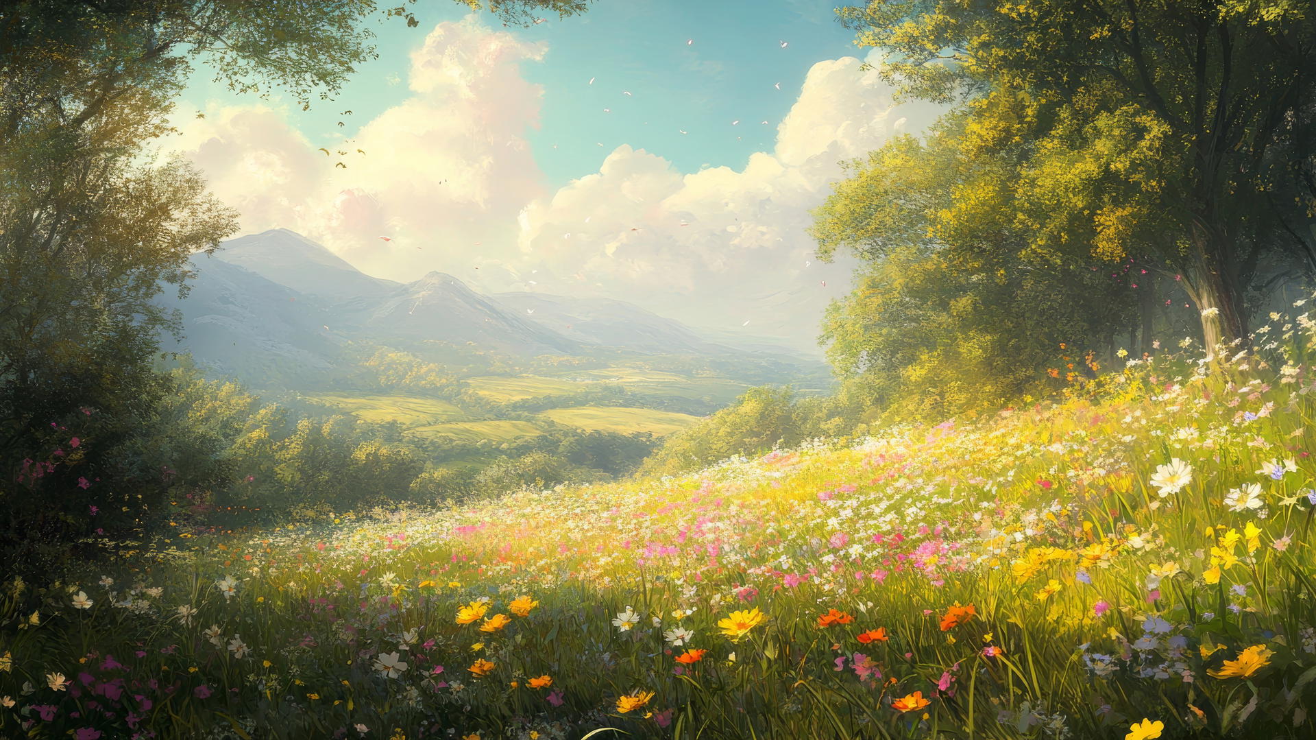 spring wallpaper, serene countryside with blooming wildflowers