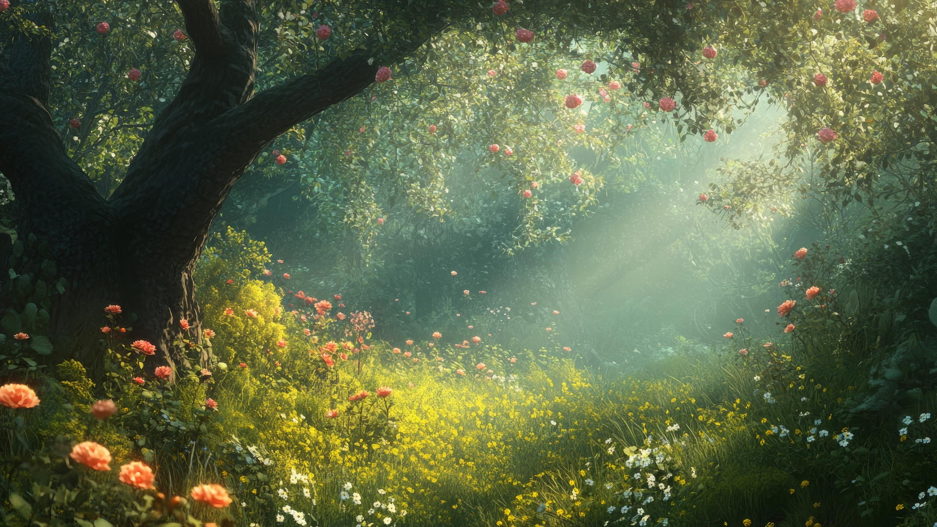 spring wallpaper featuring a whimsical fairy-tale forest with budding trees and flowers