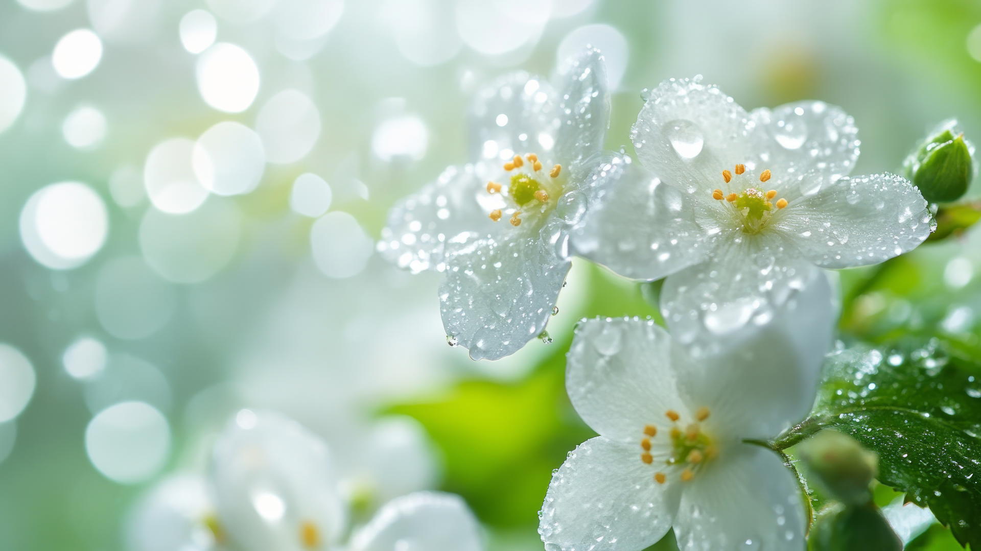 spring wallpaper with newly bloomed flowers and water droplets