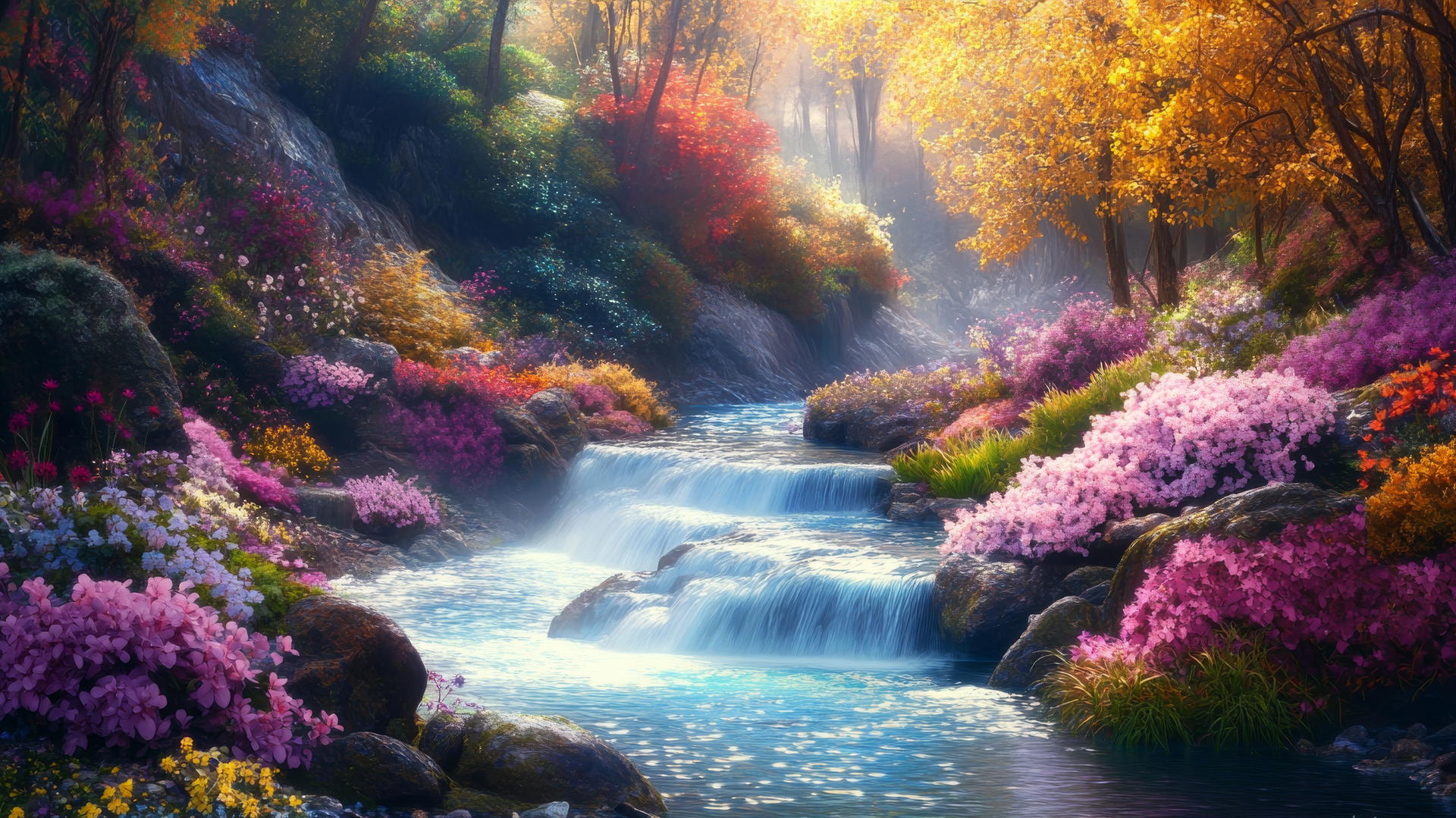 spring wallpaper with a flowing river and colorful blooming plants