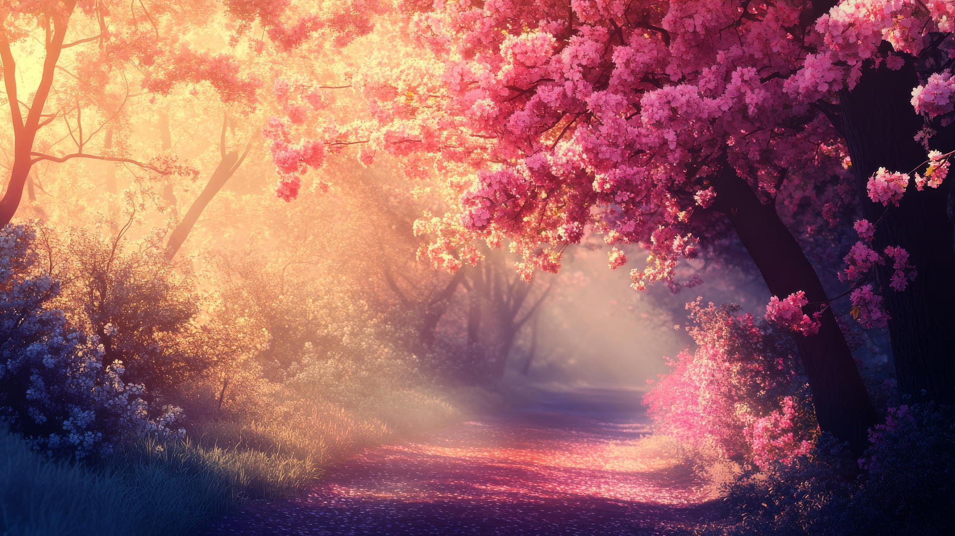 spring wallpaper with a forest of colorful blossoming trees and soft sunlight
