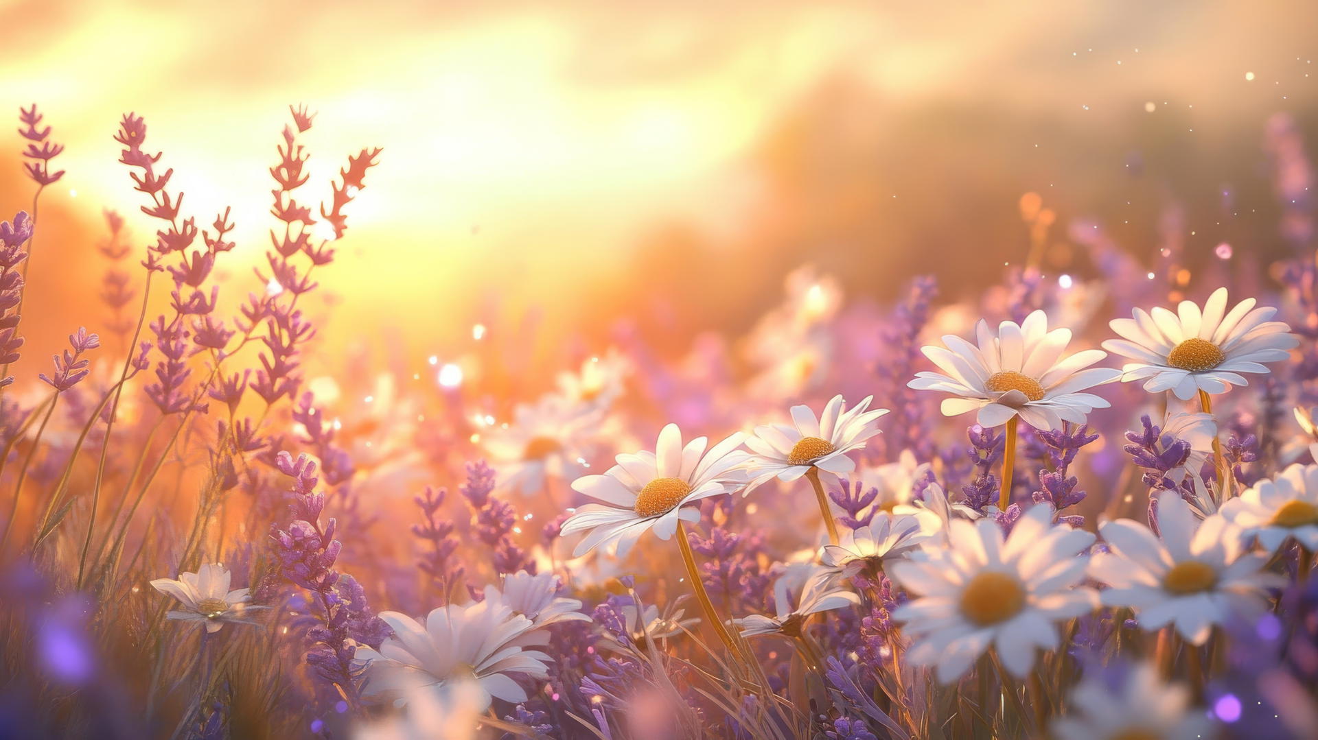 Sunlit field of daisies and lavender flowers swaying in a gentle breeze, spring background wallpaper
