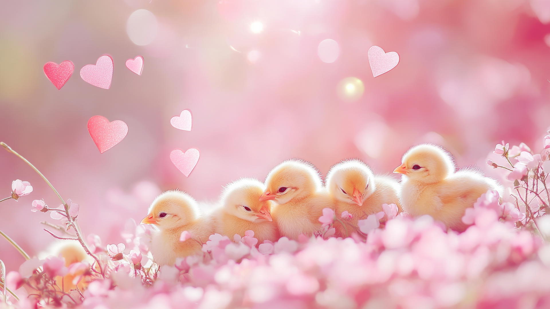 Cute spring wallpaper with baby chicks among flowers and pastel hearts
