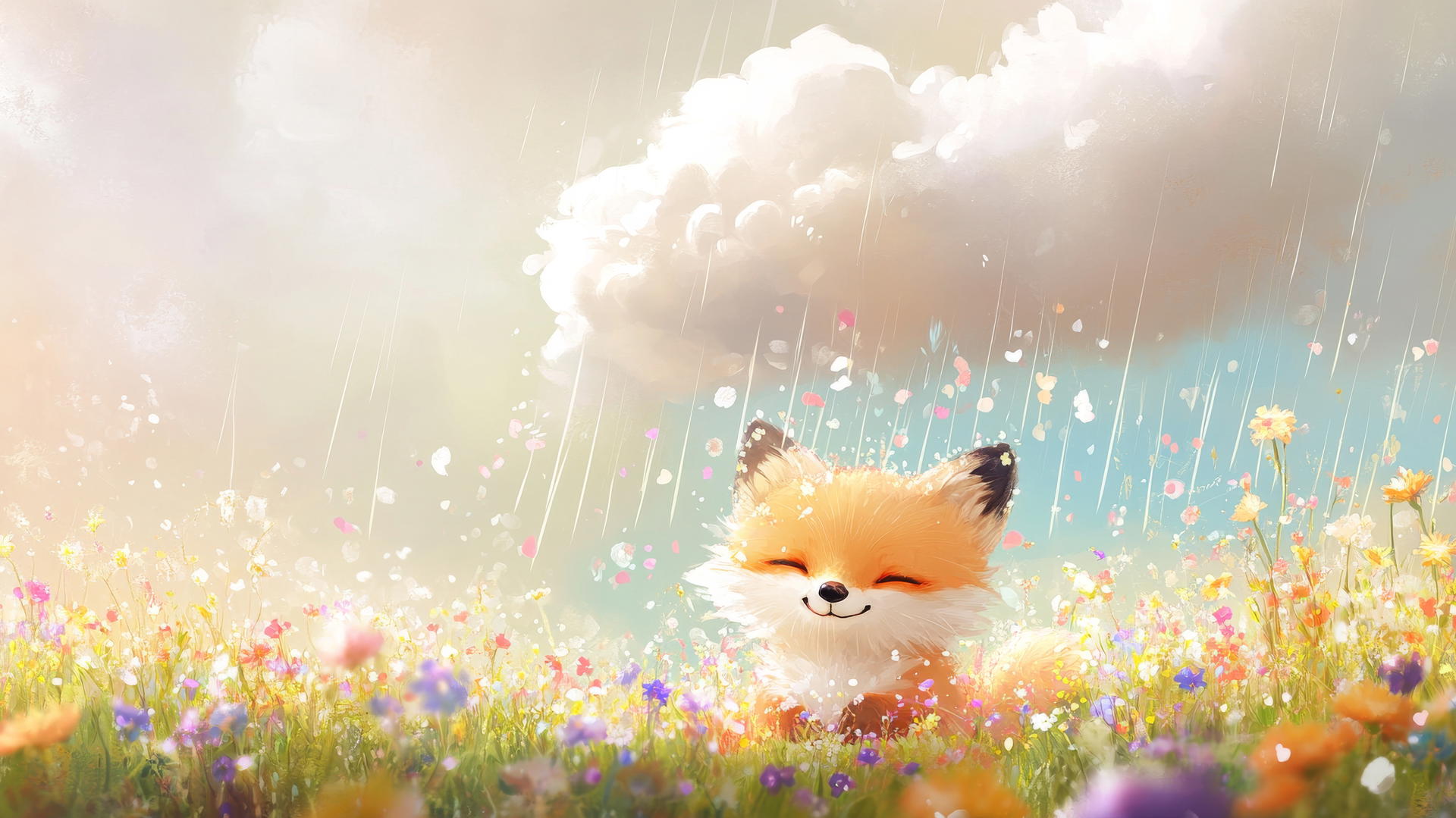 cute spring wallpaper with a fluffy white cloud raining colorful flowers over a smiling baby fox