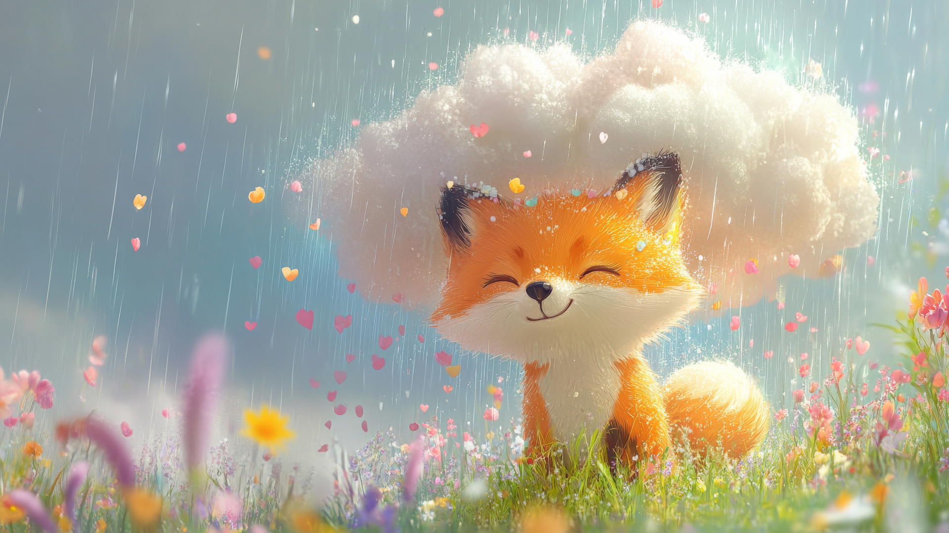 cute spring wallpaper with a fluffy white cloud raining tiny colorful flowers over a smiling baby fox