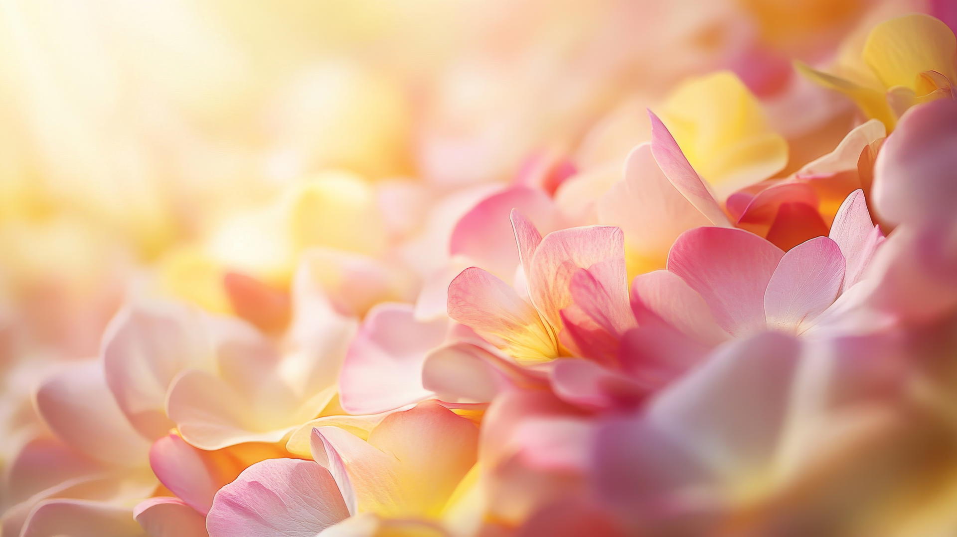 Close-up of delicate spring flowers in pink, yellow, and white, softly lit by golden sunlight.