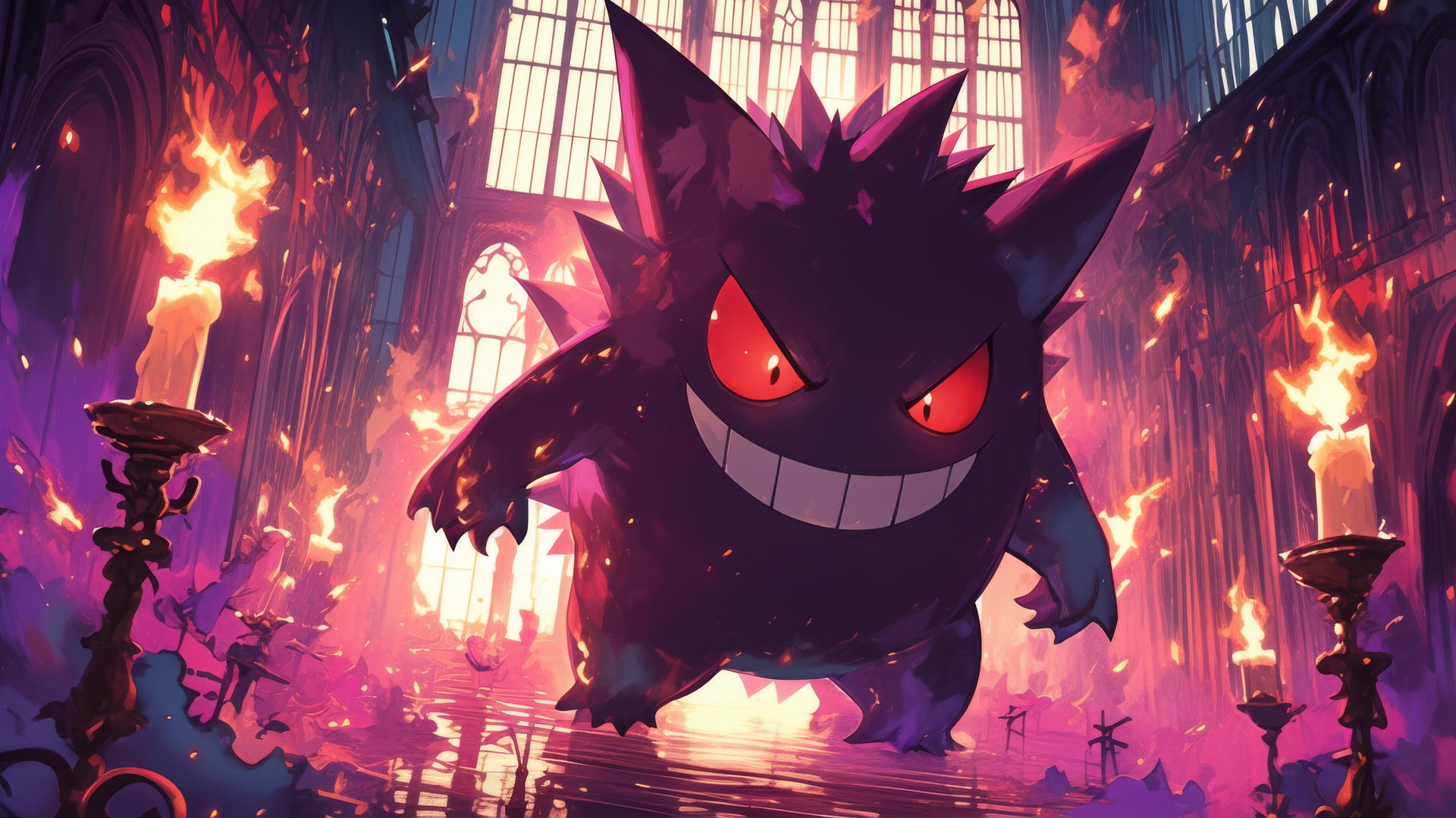 Gengar pokemon in a gothic painting with dark architecture and candlelight