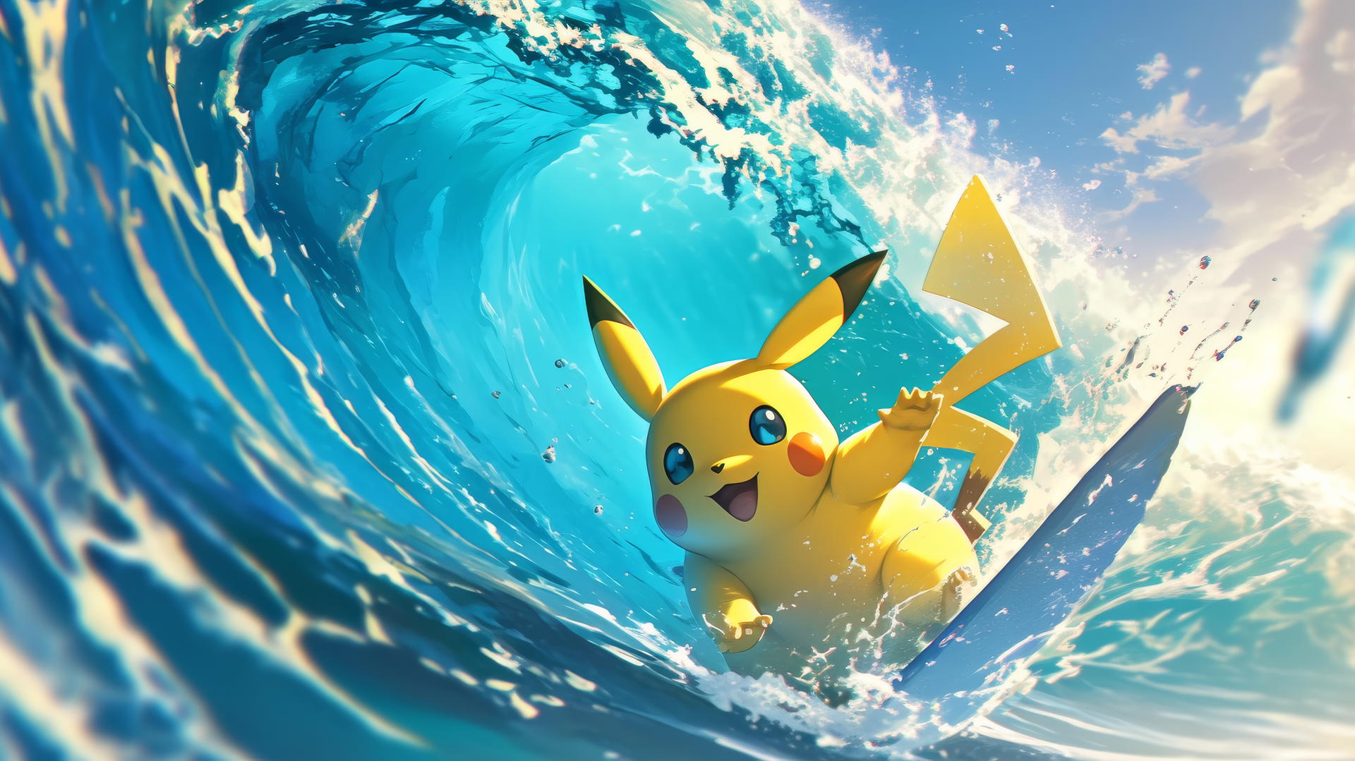Pikachu surfing a massive wave with splashing water and bright sunlight.