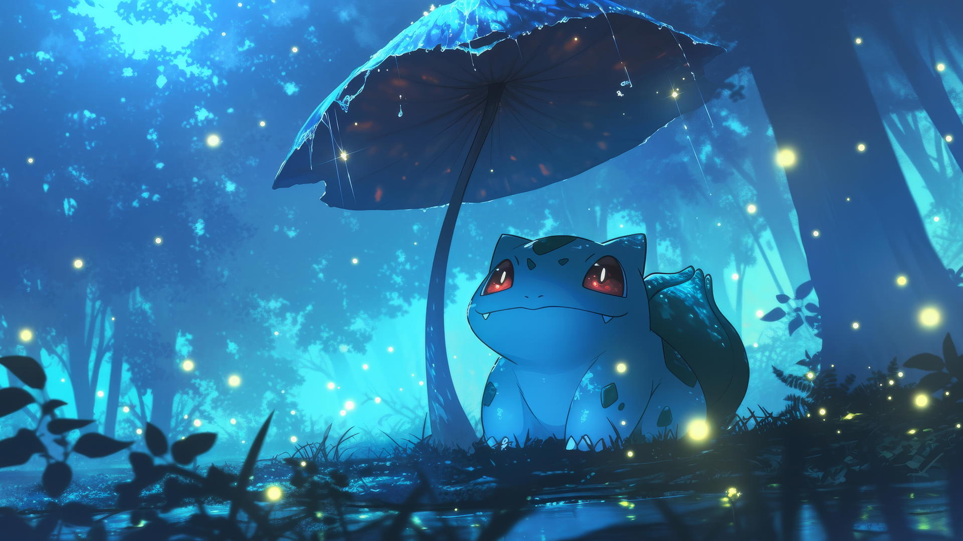 Pokemon Bulbasaur under a glowing mushroom in a serene forest clearing