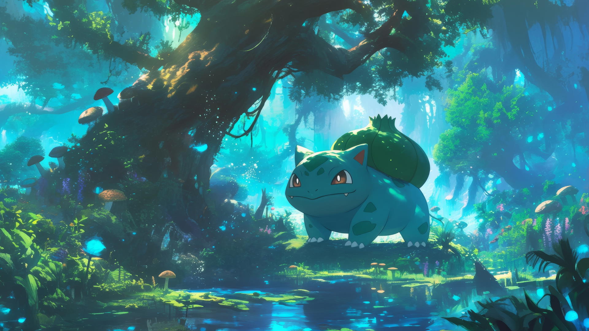pokemon bulbasaur wandering in enchanted forest with glowing mushrooms