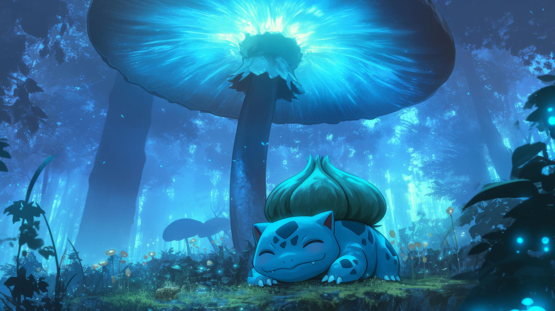Pokemon Bulbasaur resting under a glowing mushroom in a magical forest
